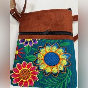 Boho Embroidered Floral Crossbody Bag | Brown Suede Mini Purse